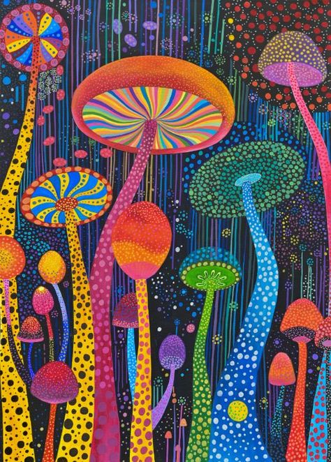 Psychedelic mushrooms 2 - Viktoriia Gladkova Hippie Mushroom Art, Mushroom Paint, Paint Inspo, Apartment Walls, Aesthetic 2024, Psychadelic Art, Mushroom Decor, Drawing Stuff, Yayoi Kusama