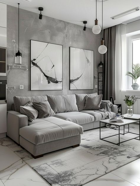 Light Grey Modern Living Room, Greyscale Home Decor, Grey And Colour Living Room, Minimalist Gray Living Room, Grey Salon Ideas Interior Design, Gray Decorating Ideas, Black White Grey Living Room, Modern Grey Living Room Ideas, Interior Design Living Room Grey