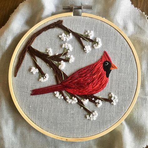 These cooler morning are getting me excited about Fall. 🍂🌾 Cardinal Hand Embroidery Pattern, Red Cardinal Embroidery, Red Bird Embroidery, Cardinal Embroidery Pattern, Ohio Embroidery, Embroidery Cardinal, Cardinal Embroidery, Embroidered Cardinal, Vintage Embroidery Transfers