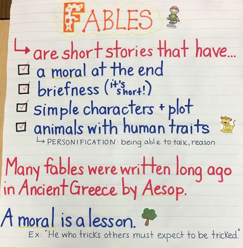 Fables Anchor Chart Fables Anchor Chart, Teaching Fables, First Grade Projects, Grade Three, Learning Board, 6th Grade Reading, Simple Character, Homeschool Education, Arts Ideas