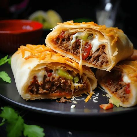 Beef and Cheese Chimichanga - Life with Susan Ground Beef Chimichanga Recipe, Ground Beef Chimichangas, Beef And Cheese Chimichangas, Mince Meals, Sandwich Meals, Copycat Olive Garden Alfredo Sauce, Steak Crockpot, Chimichanga Beef, Copycat Olive Garden Alfredo