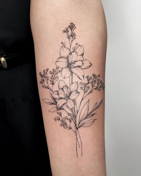 Birthday Flowers Tattoo Ideas, Birth Flower Tattoos Narcissus, Daffodils And Chrysanthemums Tattoo, Birth Flower Arm Tattoos For Women, 2 Stem Flower Tattoo, Birth Flower Tattoos With Color, April And May Birth Flower Tattoo Together, Birth Month Flower Tattoos Forearm, Large Birth Flower Tattoo