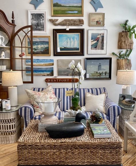 Cozy Nautical Living Room, Pastel Beach House, Nautical Gallery Wall, Antique Decorating, Cape Cottage, Eclectic Coastal, Unicorn House, Cottage Lounge, Nantucket House