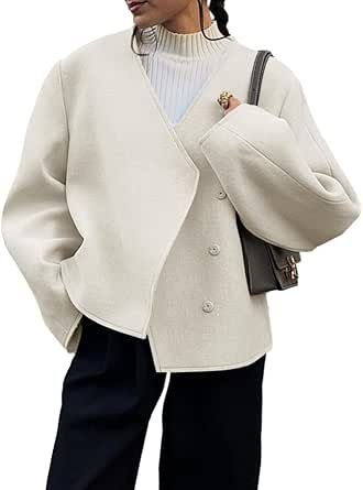 Cicy Bell Womens Cropped Pea Coat V Neck Single Breasted Short Jacket Outerwear Winter Outfits Cute White V-neck Outerwear, Elegant White V-neck Outerwear, Elegant Wool Single-breasted Cropped Jacket, Elegant Single-breasted Wool Cropped Jacket, White Wool V-neck Outerwear, Short Jacket, Single Breasted, Fall Winter Outfits, Outerwear Jackets