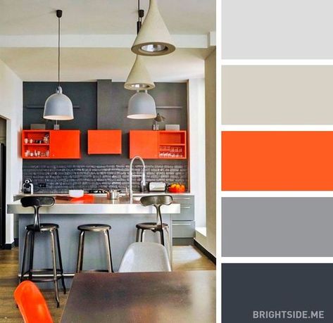 Colors That Go With Orange-Orange Color Combinations | Homesthetics - Inspiring ideas for your home. Orange Color Combinations, Kitchen Colour Combination, Interior Vintage, Orange Kitchen, Interior Design Color, Kitchen Colour Schemes, Grey Cabinets, Grey Kitchens, Interior Modern