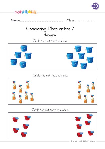 Assure success in math as you engage your first graders in this outstanding comparing: More or less activity. The comparison strategy to identify the more or less number of objects in each set will greatly enhance kid's counting and number sense skills. More And Less Worksheet Grade 1, Less Or More Worksheet, Comparing Sets Kindergarten, More Or Less Worksheets For Kindergarten, More Or Less Worksheets, Comparing Numbers Worksheet, Worksheet Math, Math Signs, Preschool Calendar