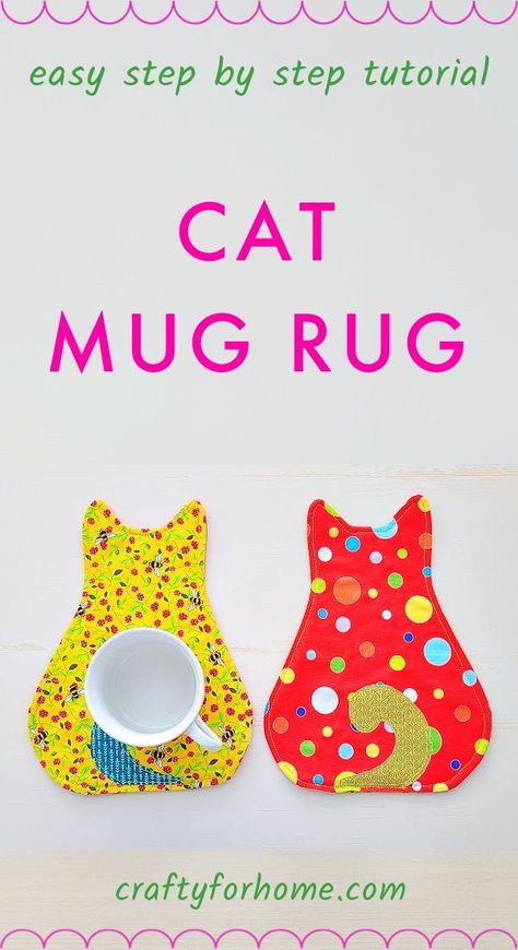 Yellow and red printed fabric for cat shaped mug rug. Free Sewing Patterns For Home Decor, Cat Potholders To Sew, Owl Mug Rugs, Mug Rug Quilt Patterns, Cat Pot Holders Free Pattern, Cat Coasters Sewing, Dog Mug Rugs Patterns Free, Cat Mug Rugs Patterns Free, Diy Mug Rugs Free Pattern