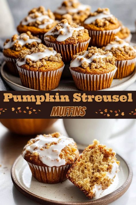 These pumpkin streusel muffins are moist, spiced, and topped with a buttery crumble and a sweet cinnamon maple glaze. They’re the perfect cozy fall treat! Fun Fall Deserts, Pumpkin Spice Baked Goods, Fall Breakfast Muffins, Pumpkin Muffins With Streusel Topping, Pumpkin Crumble Muffins, Maple Dessert Recipes, Plan 2025, Pumpkin Bread Muffins, Maple Desserts