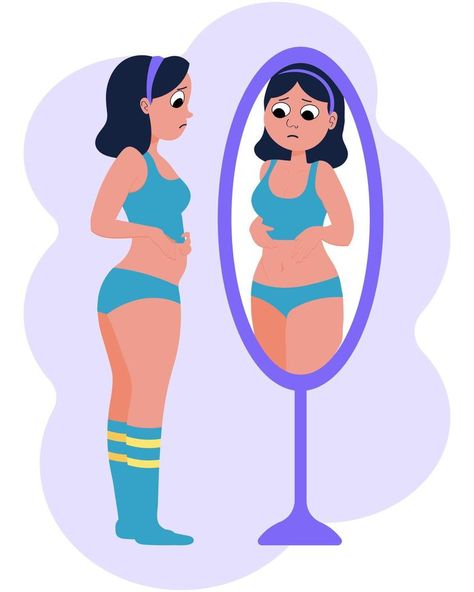 Weight loss concept. A young woman, dissatisfied with her figure, looks into the mirror. Flat illustration, clip art, vector Mirror Flat, Illustration Clip Art, Art Clip, Daily Makeup, Pretty Wallpapers Backgrounds, Flat Illustration, Look In The Mirror, The Mirror, Young Woman