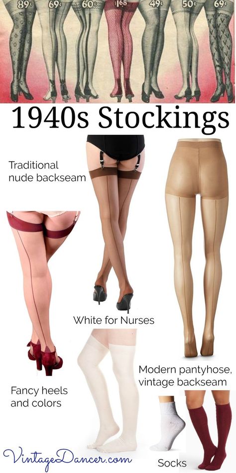 Shop 1940s backseam stockings, nylons, tights, and pantyhose at VintageDancer.com Fashion 1940s, Lingerie Vintage, Vintage Stockings, Knee Highs, 40s Fashion, Stocking Tights, 1940s Dresses, High Knees, Nylon Stockings