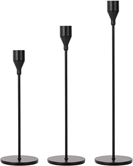 Amazon.com: FRTIM Matte Black Candle Holders, Set of 3 Candlestick Holders for 3/4" Taper Candles&Led Modern Metal Candle Stands Decorative Table Centerpieces for Wedding Dinning Party Living Room : Home & Kitchen Candle Stick Holders Decor, Modern Table Centerpieces, Gold Taper Candle Holders, Black Candlestick Holders, Metal Candle Stand, Halloween Table Settings, Black Candlesticks, Dinner Table Centerpieces, Black Taper Candles