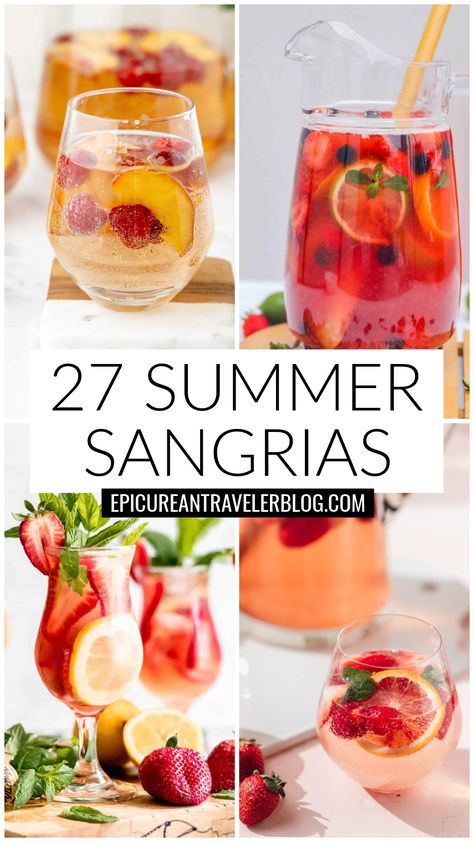 27 summer sangrias with images of a pitcher of rosé sangria, a glass of pink rosé sangria with blood orange slices and strawberries, sparkling rosé sangria with lemons and strawberries, and peach-raspberry sparkling rosé sangria Fruity Summer Cocktails, Summertime Sangria, Tropical Sangria, Lemonade Sangria, Summer Sangria Recipes, White Wine Sangria Recipe, Watermelon Sangria, White Sangria Recipe, Easy Sangria Recipes