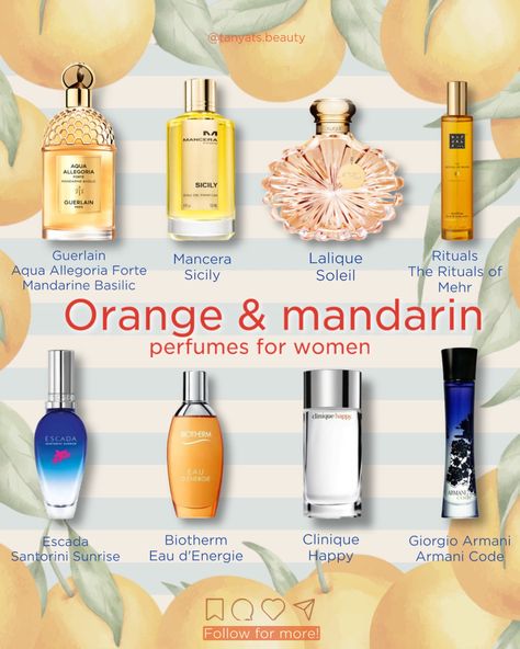 🍊 Juicy, zesty oranges and mandarins in perfumes for women 👇🏻 ▫️ Guerlain Aqua Allegoria Forte Mandarine Basilic — the original Mandarine Basilic is one of my favourite citrusy perfumes, but the Forte version lasts better, it’s slightly sweeter, juicier and intense. ▫️ Mancera Sicily — a burst of citrus, I can mainly feel sunlit oranges here, even though they aren’t listed in the notes. This brand has really long lasting perfumes. ▫️ Lalique Soleil — sun in a bottle! But it’s not only ab... Orange Perfume Bottle, Smell Like Citrus, Citrus Perfume For Women, Orange Perfume, Citrus Perfume, Seductive Perfume, Lalique Perfume, Perfume Recipes, Perfumes For Women