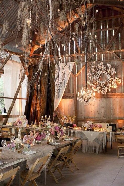 Maybe a little to feminine/floral. Like the branches and moss though. And the scarves on the tables. Relaxed. That wreath is kinda cool too but not sure if we want to go with the "cotton" route. Barn Wedding Decorations, Shabby Chic Wedding, Garden Parties, Boho Vintage, Wedding Board, Wedding Planners, Event Styling, Chic Wedding, Wedding Bells