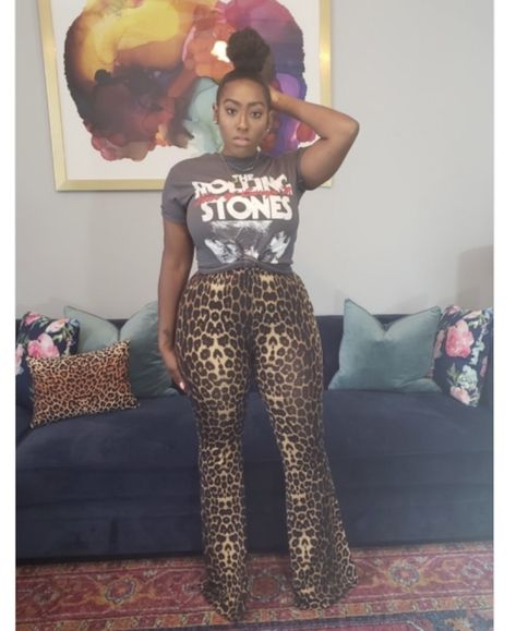 Leopard Print Pants Outfit, Winter Drip, Jamaica Trip, Printed Skirt Outfit, Nightlife Outfits, Texas Trip, Printed Pants Outfits, Bell Bottom Trousers, Jaguar Print