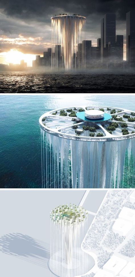 Under Water Architecture, Floating Building Architecture, Water Design Architecture, Floating Architecture Concept, Water Architecture Concept, Water In Architecture, Cylindrical Architecture, Water Architecture Design, Tall Architecture