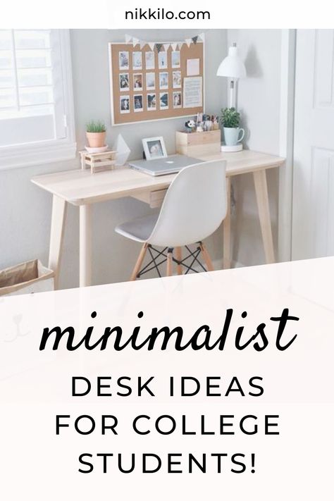 Minimalist desk setups are not only aesthetically pleasing, but the lack of clutter can do wonders when it comes to staying focused. In today’s post, I’m sharing minimalist desk setups ideal for a college student looking to put together the perfect workspace in their dorm room or other small space. I’ve included ideas with a variety of different aesthetics and I'm sharing my best tips and finds to recreate these desk setups! Tap or click to keep reading. Minimalist Office Desk Decor, Simple Desk Setup Small Spaces, Minimalist Study Space, Minimalist Bedroom Desk, Office Desk Decor For Work Workspaces, College Desk Setup, Simple Desk Setup, Small Desk Setup, Simple White Desk