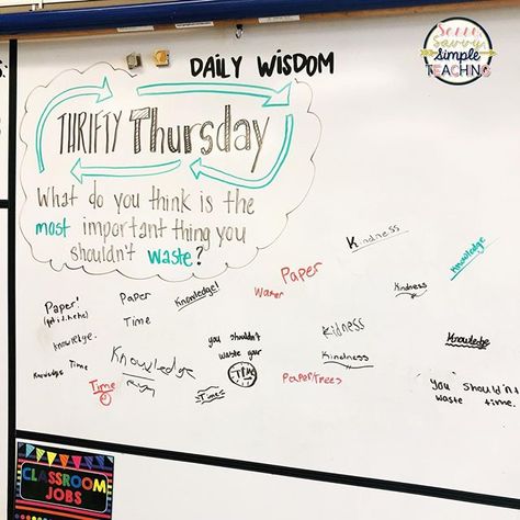 Thrifty Thursday #whiteboardmessage of the day brought me joy that my students are aware of items we shouldn't waste!⠀ #sassysavvysimpleteaching #iteachtoo #iteachfifth #iteachreading #iteachwriting #teachersfollowteachers #teacherspayteachers #igteachers #teachersofig #teachersofinstagram #teachersoninstagram #iteach #instagramteachers #teachersfollowingteachers #instagramteachers #tptteachers #studentsfirst #studentcentered #studentengagment #classroomhacks #teacherhacks #... Thursday Question Of The Day Classroom, Whiteboard Question Of The Day, Thursday Question Of The Day, Whiteboard Thursday, Thursday Whiteboard Prompt, Thursday Morning Meeting, Thursday Journal, Gm Thursday, Morning Questions