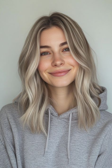 Shoulder Length Hair With Layers Blonde, Cool Ash Blonde Highlights, Shoulder Length Hairstyle Ideas, Medium Length Haircut Blonde, Shoulder Length Hairstyle, Mid Length Blonde Hair, Healthy Blonde Hair, Icy Blonde Balayage, Feathered Layers