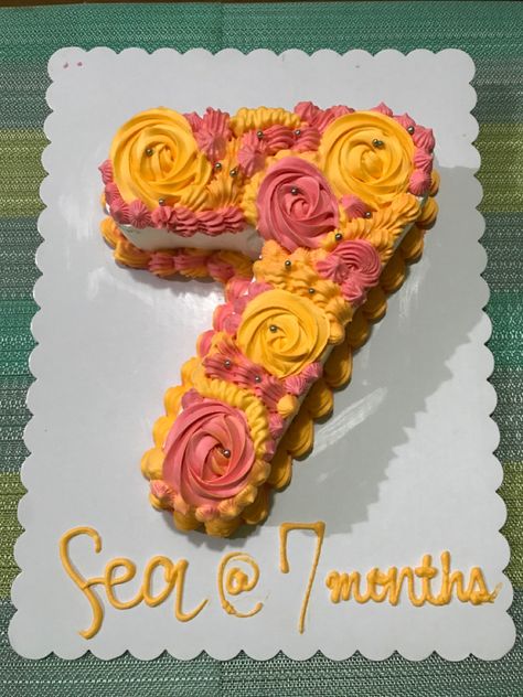 Yellow and Orange themed 7th month Number Cake Number 7 Cake Design, Orange Number Cake, Yellow Number Cake, Number 4 Cake, 7th Month, Orange Number, 7 Cake, Number Cake, Cake Shapes