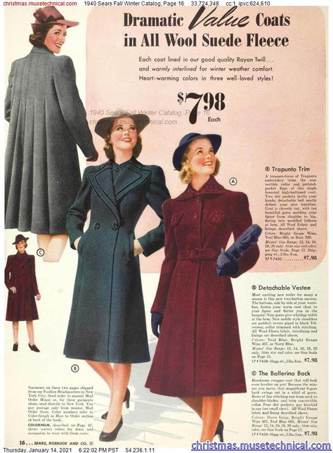 1930s Winter Fashion, 1950s Winter Fashion, 1940s Winter Fashion, 1938 Fashion, Winter Fashion Magazine, 1960s Fashion Women, Wardrobe Aesthetic, Vintage Catalog, Period Fashion