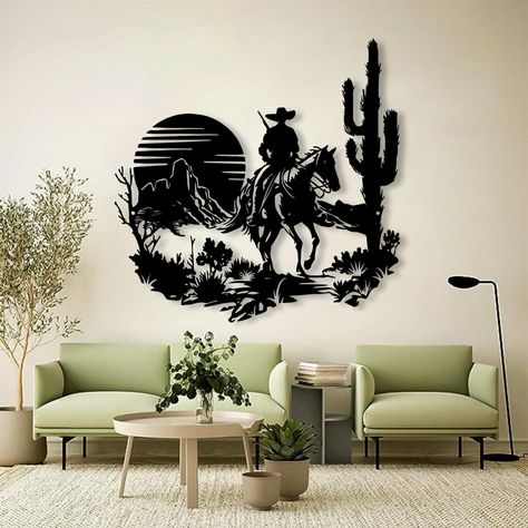 PRICES MAY VARY. Cowboy Metal Wall Art: This cowboy metal wall art is unique, skillfully integrating the unrestrained freedom of cowboys and the tough texture of metal, vividly showing the bold and free style of the western style, as if it can instantly bring you into the vast desert, adding a unique charm to your home High-Quality Materials: The metal desert wall art is made of high-quality metal materials, which are reliable and sturdy. This material can maintain the decorative effect for a lo Outside Wall Decor, Metal Wall Art Outdoor, Cactus Wall Decor, Metal Cactus, Mexican Wall Decor, Art Wall Decor Living Room, Sunset Wall Decor, Southwestern Wall Art, Western Wall Decor