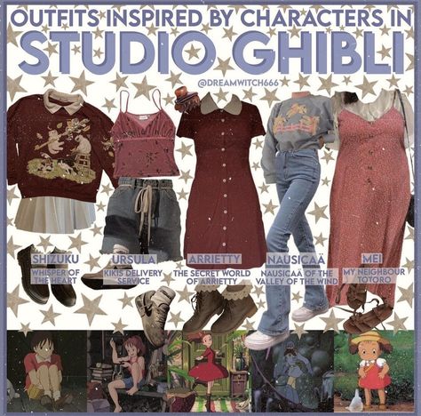 Clothes Moodboard Inspiration, Ghibli Studio Inspired Outfits, Ghibli Outfits Aesthetic, Cottage Core Business Outfits, Ghibli Characters Outfits, Cute Outfits Japan, Studio Ghibli Fashion Aesthetic, Studio Ghibli Clothes Aesthetic, Ghibli Clothes Inspired Outfits