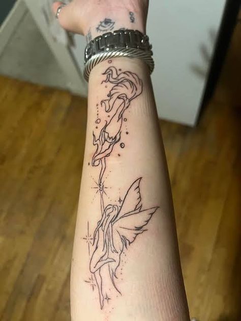 Fairy And Flowers Tattoo, Gemini Fairy Tattoo, Cool Forearm Tattoos For Women, Two Fairies Tattoo, Goth Rarity, Mermaid And Fairy Tattoo, Thigh And Hip Tattoo, Ethereal Tattoo Sleeve, Fairy Core Tattoos