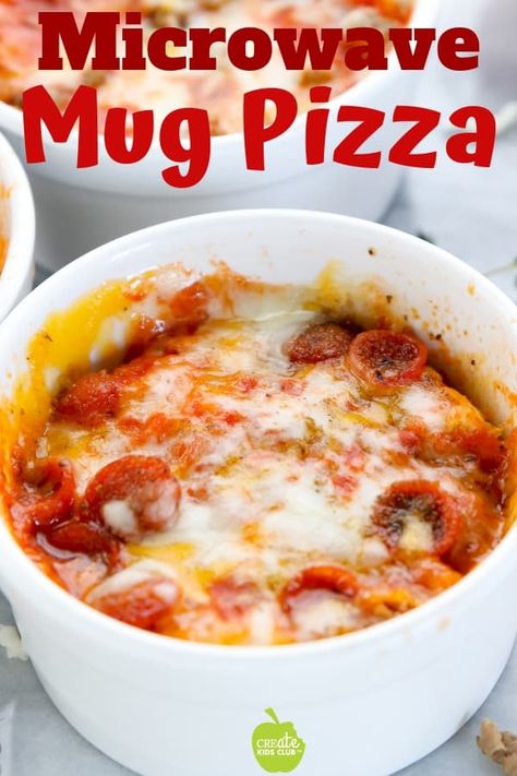 Easy Microwave Mug Pizza With Video walks you through how to simply make this fun dinner recipe in just 5 minutes.  Pizza in a mug is great for a sleepover, college meals, or summer lunch ideas.  #mugpizza #microwavemeals #pizzainamug #createkidsclub Pizza In A Mug, Mug Pizza, Summer Lunch Ideas, Microwave Cooking Recipes, Microwave Mug Recipes, Mug Dinner, Easy Microwave Recipes, Microwave Dinners, Microwave Mug