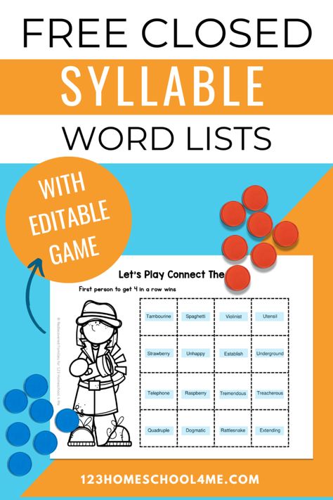 Help kids learn to decode new words quicker and more easily by teaching them about syllables for kids! There are both open and closed syllable words. In this post we will talk about closed syllable words. Learn what is a closed syllable and grab our hand, free printable closed syllable list! Use the closed syllable examples to teach kindergarten or first grade students. Closed Syllable Words, Bossy E, Free Phonics Activities, Silent E Words, Syllable Games, Teaching Syllables, Magic E Words, Teaching Vowels, Open Syllables