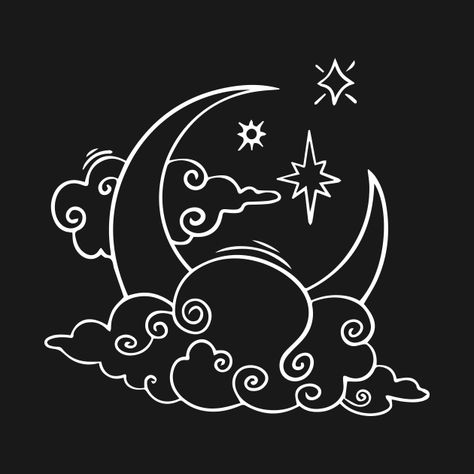 Check out this awesome 'Line+art+moon+star+and+cloud+design' design on @TeePublic! Moon And Clouds Illustration, Cloud Outline Drawing, Moon And Clouds Drawing, Line Art Moon, Moon Line Art, Moon Doodle, Rhinestone Ideas, Cloud Outline, Moon Star Tattoo