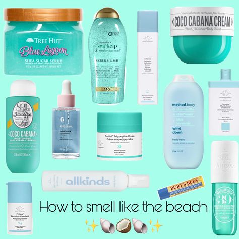 #beach #drunkelephant #treehut #sugarscrub #scrub #preppy #smells #thatgirl Summer Shower Products, Blue Shower Routine, How To Smell Like Ocean, How To Smell Like The Beach, Fruity Scent Combos, Blue Lagoon Tree Hut, Beach Nails Blue, How To Smell Beachy, Smell Good Combo Coconut