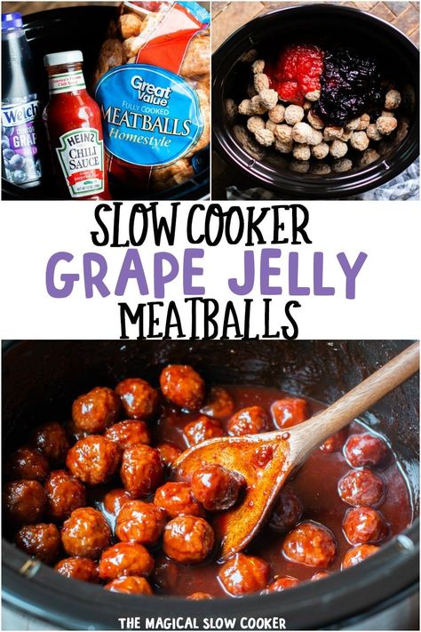 Only three ingredients to make these easy Slow Cooker Grape Jelly Meatballs! Great for any party. #meatballs #slowcooker #crockpot #grapejellymeatballs - The Magical Slow Cooker Slow Cooker Grape Jelly Meatballs, Jelly Meatballs Crockpot, Grape Jelly Chili Sauce, Chili Sauce Meatballs, Jelly Meatball Recipe, Grape Jelly Meatballs Recipe, Magical Slow Cooker, Jelly Meatballs, Grape Jelly Meatballs