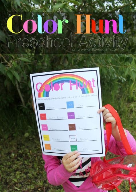 Color Hunt Preschool with Free Printable on www.girllovesglam.com #ad Outdoor Preschool, Color Hunt, Thanksgiving Games For Adults, Thanksgiving Games For Kids, Free Games For Kids, Preschool Colors, Activities For Adults, Outdoor Classroom, Color Games