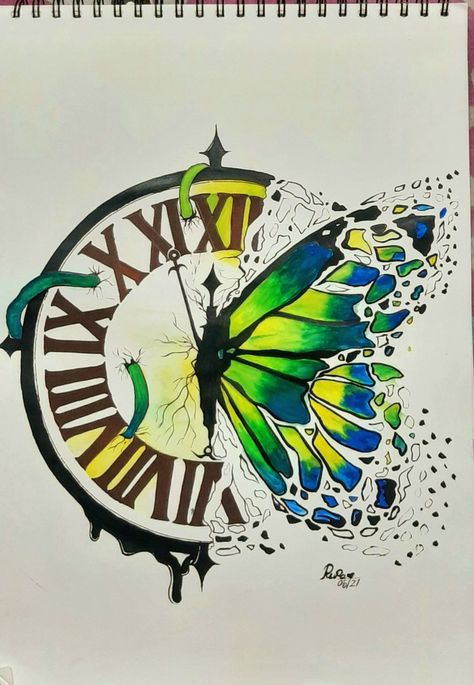 Wall Clock Drawing, Time Is An Illusion, Clock Drawing, Clock Drawings, Aesthetic Butterfly, Water Color Pencil, Drawing Aesthetic, Clock Tattoo, Acrylic Painting Tips