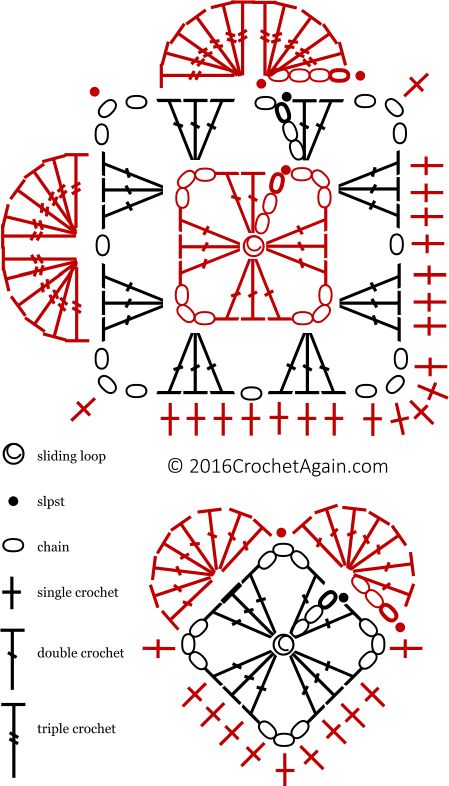 Granny Square Hearts ♥ – Crochet Again Crochet Heart Pattern, Crochet Earrings Pattern, Valentines Crochet, Crochet Square Patterns, 자수 디자인, Granny Squares Pattern, Granny Square Crochet Pattern, Crochet Heart, Ideas Crochet