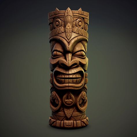 Tiki Sculptures & Statues, Tiki Wood Carving, Tiki Pole, Tiki Masks, Tiki Faces, Wood Sculpture Art, Tiki Statues, Bengali Art, Totem Animal