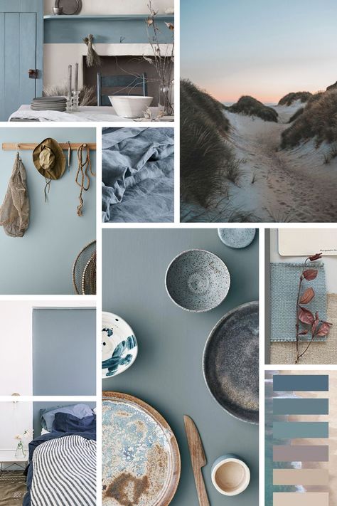 Ocean Tones Colour Palettes, Dusty Blue Interior Design, Dusty Blue Interior, Dusty Blue Living Room, Dusty Blue Palette, Dusty Blue Color Palette, Blue Green Bedrooms, Material Color Palette, Coastal Palette