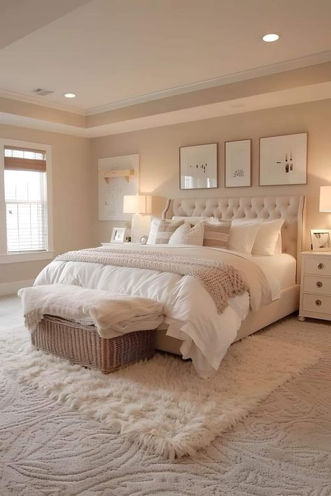 Cozy Small Bedrooms Romantic, Two Story Home Decor Ideas, Carpet On Top Of Carpet Ideas, Bedroom Ideas With High Ceilings, Cozy Beige Bedroom Aesthetic, White And Beige Room Aesthetic, Beige Bedroom Ideas Aesthetic, Girly Neutral Bedroom, Apartment Bedroom With Carpet