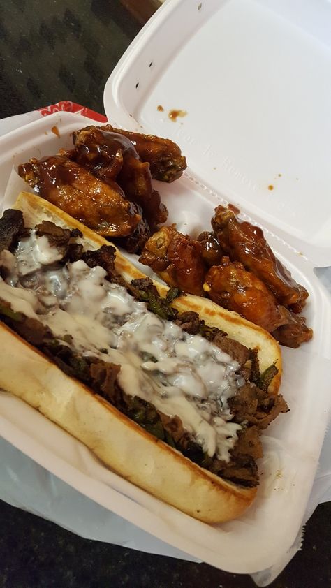 American Deli Philly Cheese Steak and BBQ Wings 😍😍😍😍😍 | Follow @melaninprincess Philly Cheese Steak Aesthetic, American Deli Wings, Philly Cheese Steak Sandwich Recipe, American Deli, Bbq Wings, Around The World Food, Cheese Steak, Soul Food Dinner, Philly Cheese