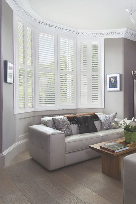 Sofa In Bay Window Living Room, Living Room Shutters Ideas, Blinds Bay Window Living Room, Bay Window Blinds Living Room, White Shutters Living Room, Window Blinds Ideas Living Room, Interior Design Neutral, Colour Palette Ideas, Grey Living Room Ideas