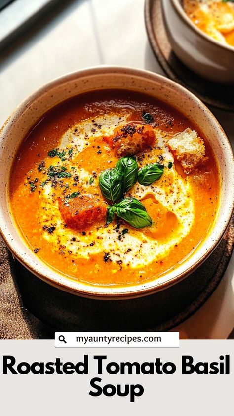 This roasted tomato basil soup combines the sweetness of roasted tomatoes with the herbaceous notes of fresh basil. Perfect for fall recipes, this velvety soup is comforting, hearty, and ideal for chilly evenings or as a starter for any meal. Best Tomato Soup Recipe, Tomato Soup With Fresh Tomatoes, Roasted Tomato Soup Recipe, Roast Tomato Soup Recipe, Tomato Basil Bisque, Basil Soup Recipe, Best Tomato Soup, Tomato Basil Soup Recipe, Roasted Tomato Basil Soup