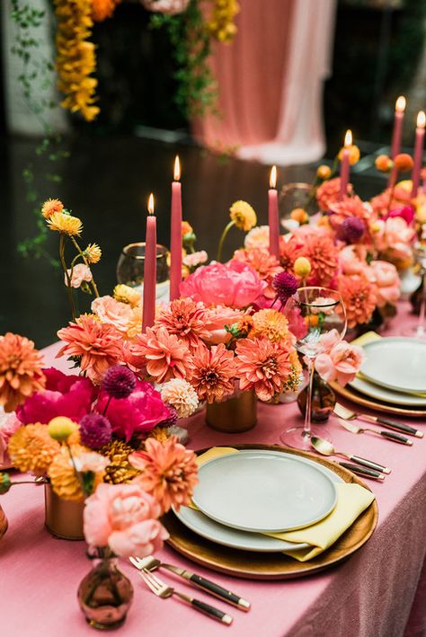 Ultra colorful wedding design inspired by Indian floral garlands and Day of the Dead Tequila Sunset, Backyard Elopement, Sunset Party, 21 Diner, Tafel Decor, Boda Mexicana, Rooftop Wedding, Bright Wedding, Coral Wedding