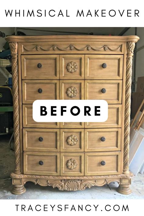 Funky, Whimsical Painted Dresesr Makeover -- here's the before! #traceysfancy #paintedfurniture Whimsical Painted Furniture Dressers, Whimsical Painted Beds, Whimsical Dresser, Diy Dresser Makeover Paint Girly, Whimsical Painted Furniture Baby, Design A Room, Bed Makeover, Chalk Paint Dresser, Painted Dressers