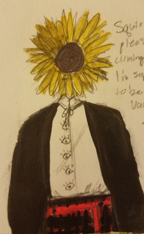 Creepy Sunflower, Sunflower Halloween Costume, Sunflower Character, Sunflower Eyes, Sunflower Halloween, Sunflower Sketches, Dye Art, Sunflower Head, Object Heads