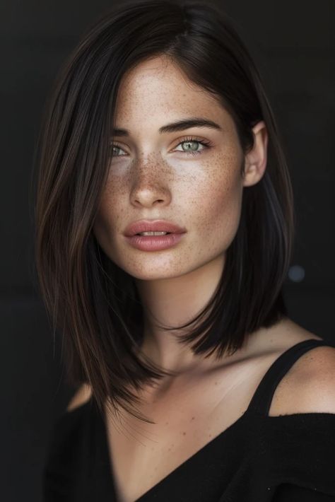 31 Best Brunette Summer Hair Color Ideas To Try Light Brown Hair With Freckles, Cooler Brown Hair, Hair Color Ideas For Dark Skin Tone, Cool Toned Brunette Hair Color, Straight Brown Hair Balayage, Cool Brown Hair Color Dark, Dark Hair Lob, Dark Lob, Brunette Summer Hair Color