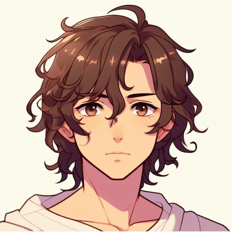 Male Character Art Brown Hair, Curly Haired Anime Characters, Dark Brown Hair Drawing, Anime Hairstyles Curly, Anime Curly Hair Reference, Anime Guy With Curly Hair, Male Wavy Hair Drawing, Anime Wavy Hair Guy, Shaggy Anime Hair