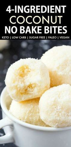 Easy and healthy no bake coconut bites made without condensed milk and needing just 4 ingredients. Made with coconut and almond flour, these paleo and vegan snacks take less than 5 minutes to whip up- They taste like raffaello! Keto, Sugar free, Low Carb. Coconut Bites, Healthy No Bake, Dessert Mousse, Coconut Balls, Postre Keto, Vegan Coconut, Low Carb Snack, Keto Dessert Easy, Easy No Bake Desserts