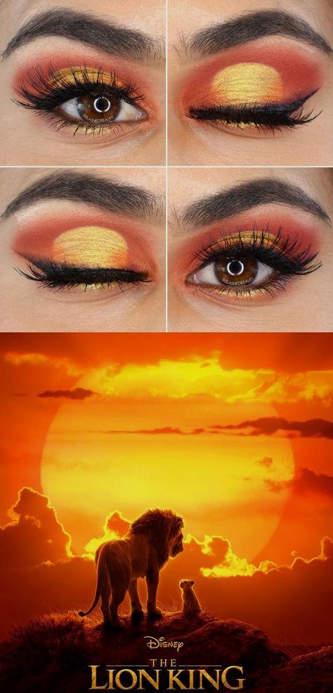 Lion King Inspired Makeup, Lion Inspired Makeup, Disney Inspired Makeup Looks, Lion King Makeup Looks, Sunset Inspired Makeup, Sunset Eyeshadow Looks, Sunset Costume, Lion King Movie Poster, Eyeshadow Sunset