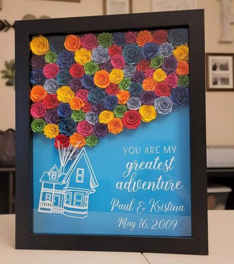 Up Shadow Box Ideas, Cool Shadow Box Ideas, Picture Shadow Box Ideas, Floral Shadow Box Ideas, Cricut Flower Projects, Graduation Shadow Box Ideas, Disney Cricut Shadow Box Ideas, Shadowbox Ideas, Rolled Flower Shadow Box Ideas